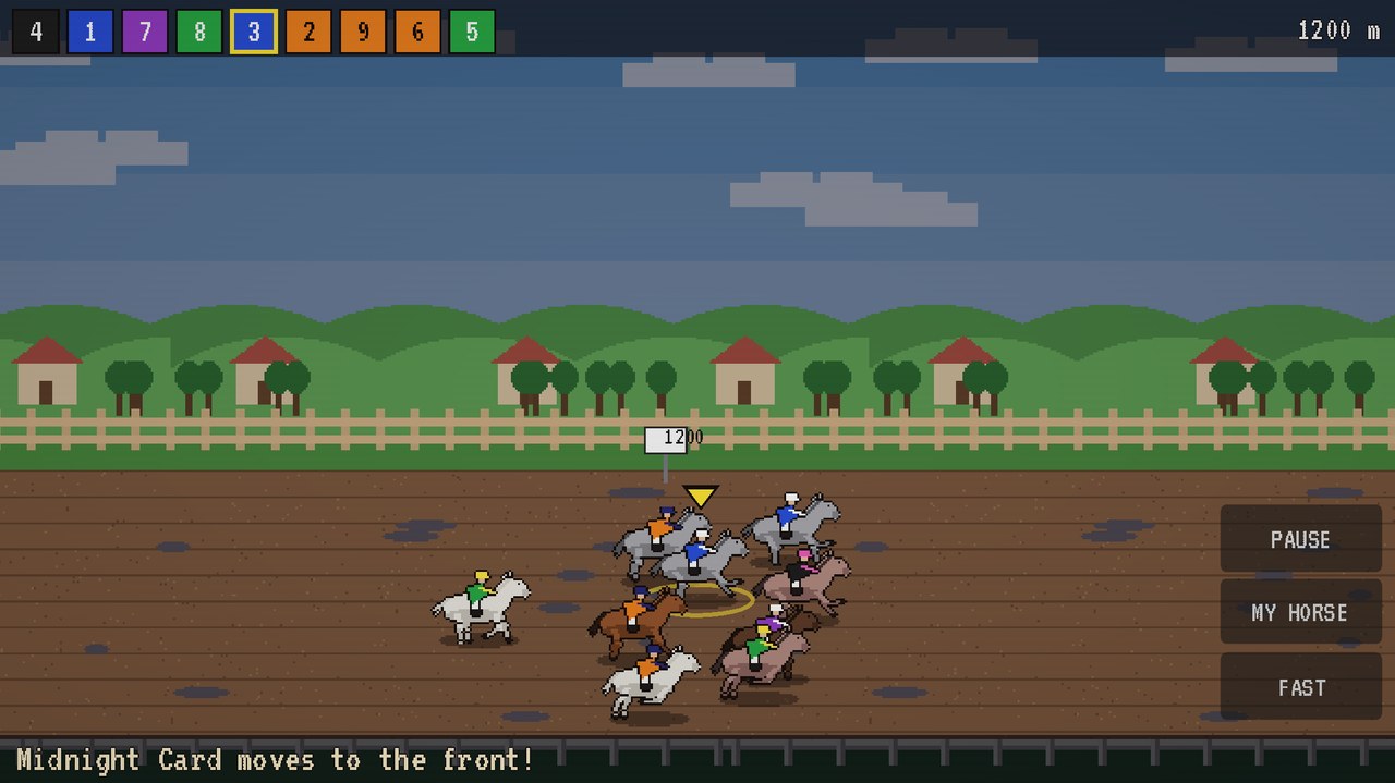 Pixel-art horse race in progress with live commentary
