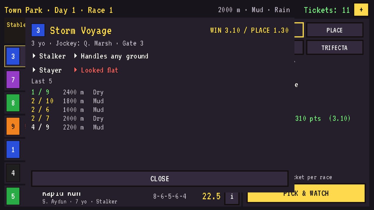 Detail page for a single horse with past results and notes